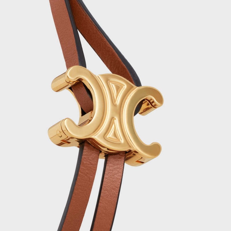 Celine Triomphe Clasp In Brass With Gold Finish And Tan Smooth Calfskin Bilezik Altın Kahverengi | CL-592205