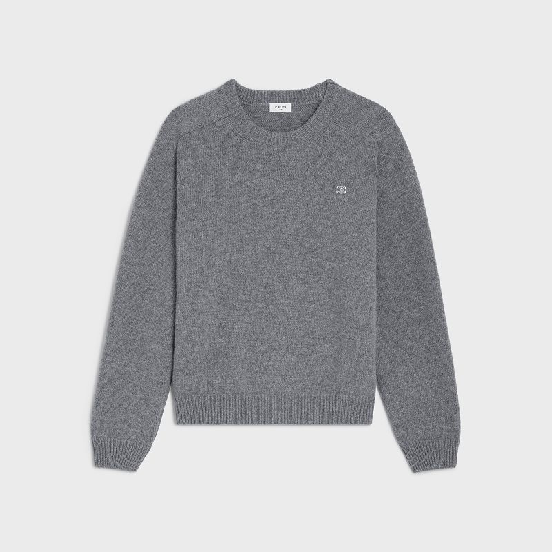 Celine Triomphe Crew Neck In Cashmere Yün Triko Gri Beyaz | CL-592098