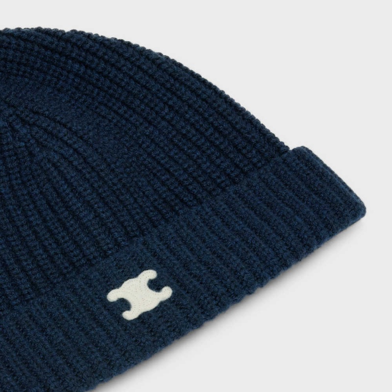 Celine Triomphe Embroidered Beanie In Heritage Cashmere Şapka Lacivert | CL-592371