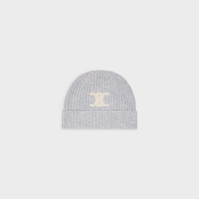 Celine Triomphe Embroidered Beanie In Seamless Cashmere Şapka Açık Gri | CL-592370