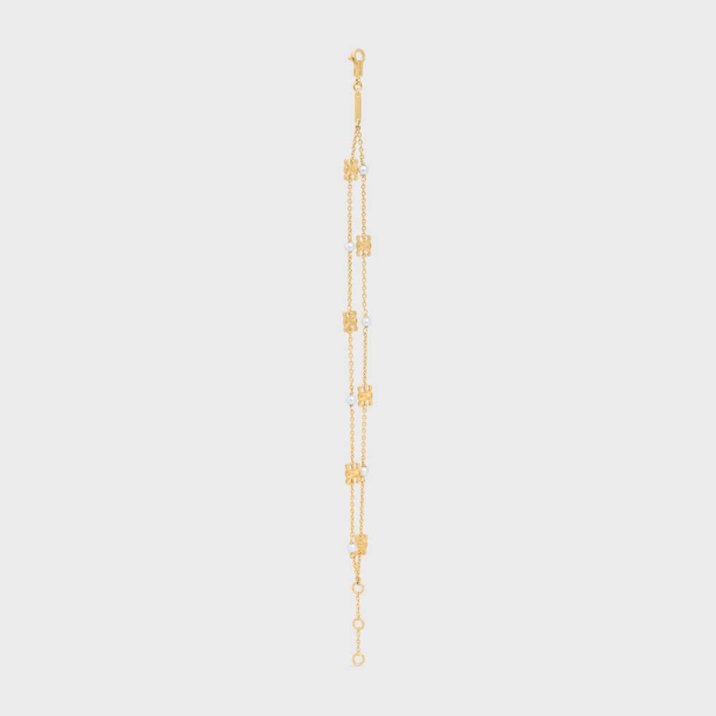 Celine Triomphe Pearl Double In Brass With Gold Finish And Resin Pearls Bilezik Altın Beyaz | CL-592236