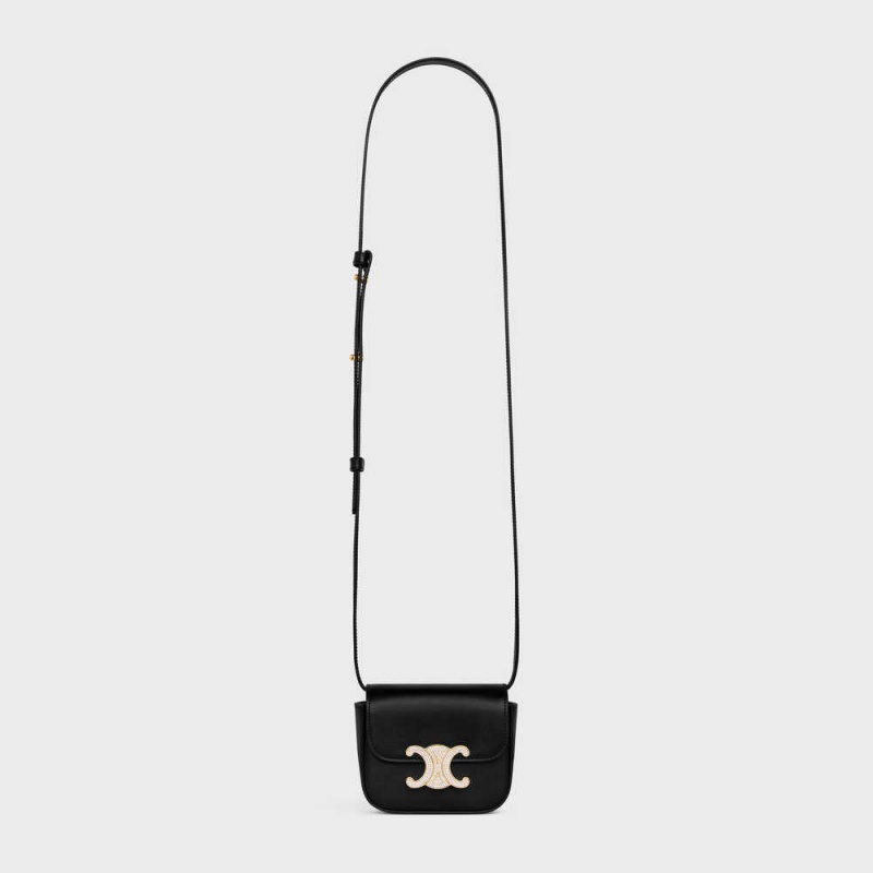 Celine Triomphe With Strass Closure In Shiny Calfskin Mini Çanta Siyah | CL-593012