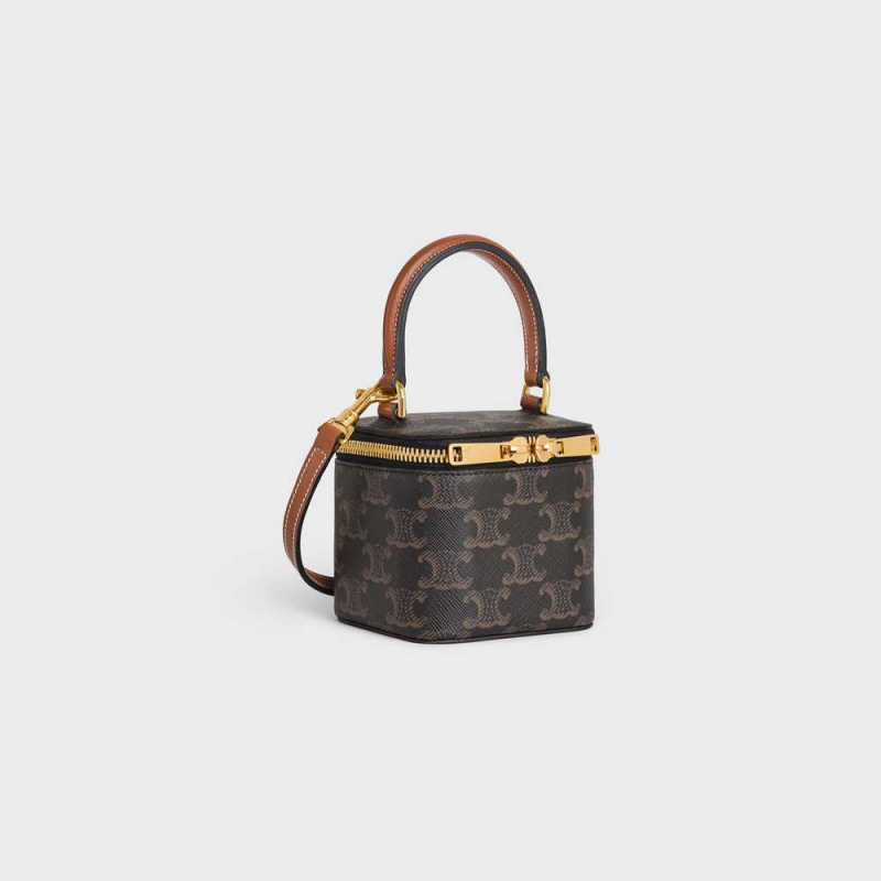 Celine Vanity Case In Triomphe Kanvas And Calfskin Mini Çanta Kahverengi | CL-593037