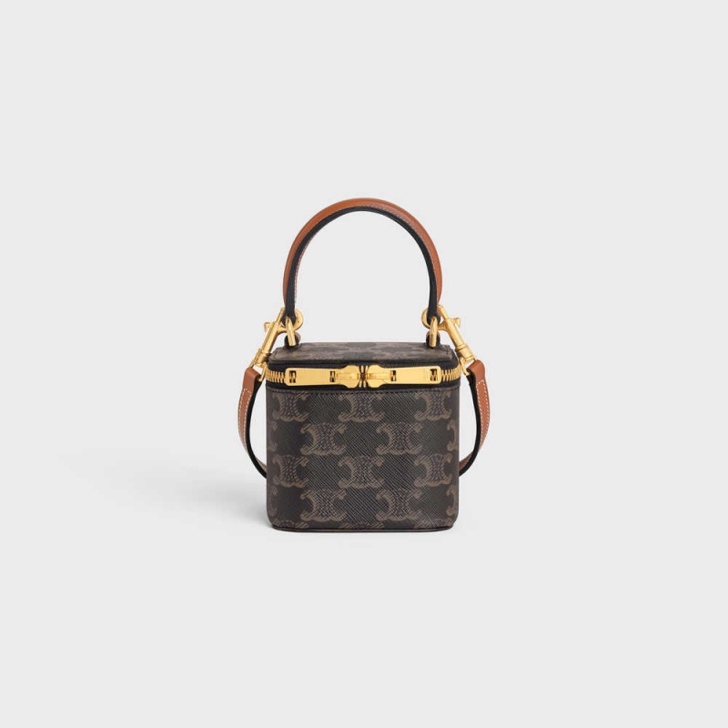 Celine Vanity Case In Triomphe Kanvas And Calfskin Mini Çanta Kahverengi | CL-593037