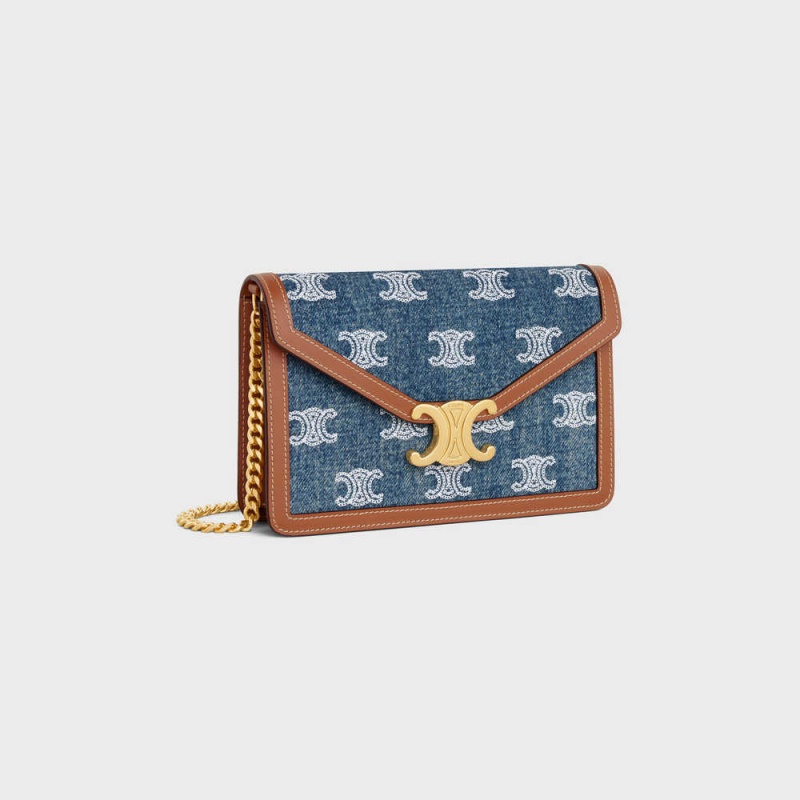 Celine Wallet On Chain Triomphe In Denim With Triomphe All-over Embroidery And Calfskin Mini Çanta Lacivert Kahverengi | CL-593027