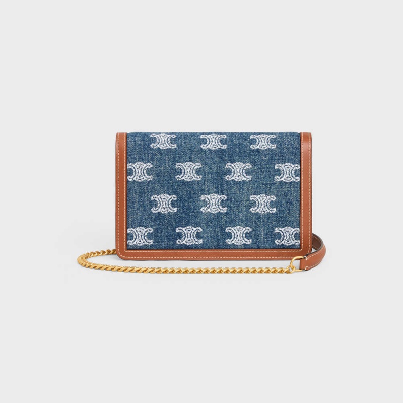 Celine Wallet On Chain Triomphe In Denim With Triomphe All-over Embroidery And Calfskin Mini Çanta Lacivert Kahverengi | CL-593027