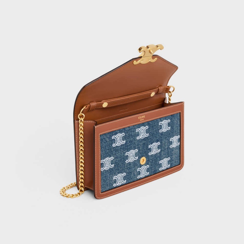 Celine Wallet On Chain Triomphe In Denim With Triomphe All-over Embroidery And Calfskin Mini Çanta Lacivert Kahverengi | CL-593027