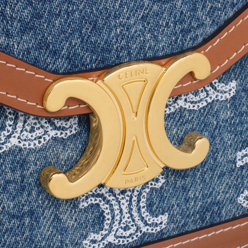 Celine Wallet On Chain Triomphe In Denim With Triomphe All-over Embroidery And Calfskin Mini Çanta Lacivert Kahverengi | CL-593027