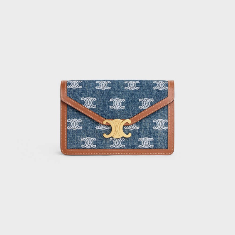 Celine Wallet On Chain Triomphe In Denim With Triomphe All-over Embroidery And Calfskin Mini Çanta Lacivert Kahverengi | CL-593027