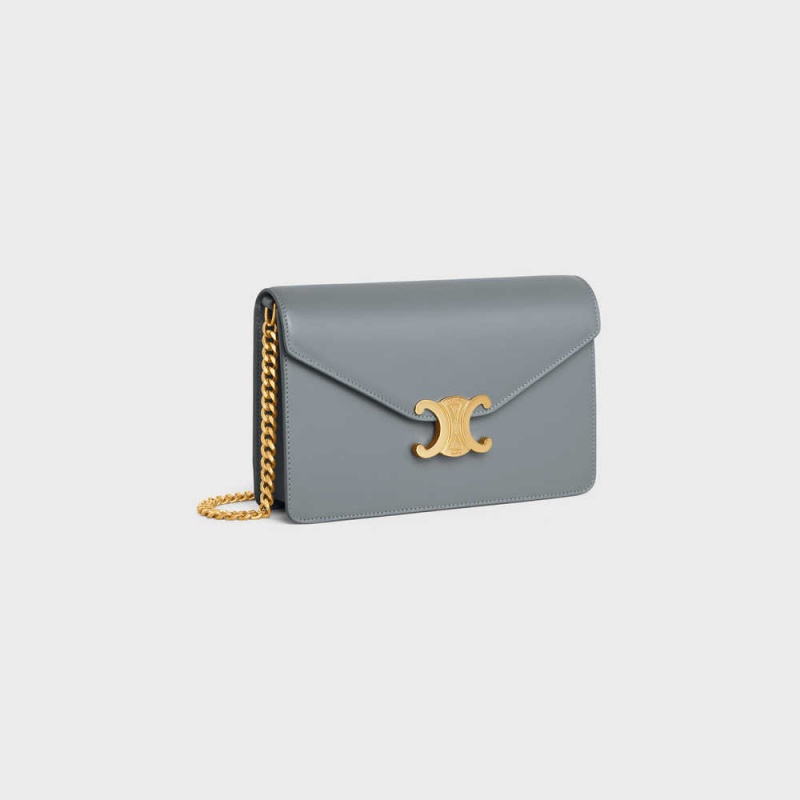 Celine Wallet On Chain Triomphe In Shiny Calfskin Mini Çanta Mavi Gri | CL-593022