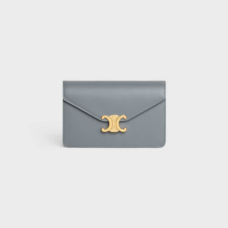 Celine Wallet On Chain Triomphe In Shiny Calfskin Mini Çanta Mavi Gri | CL-593022