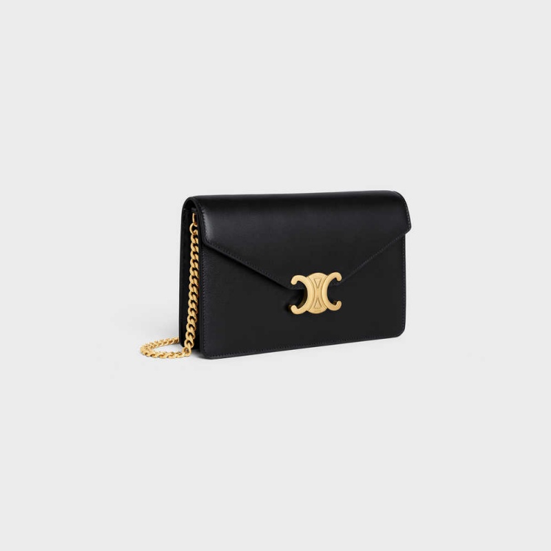 Celine Wallet On Chain Triomphe In Shiny Calfskin Mini Çanta Siyah | CL-593021