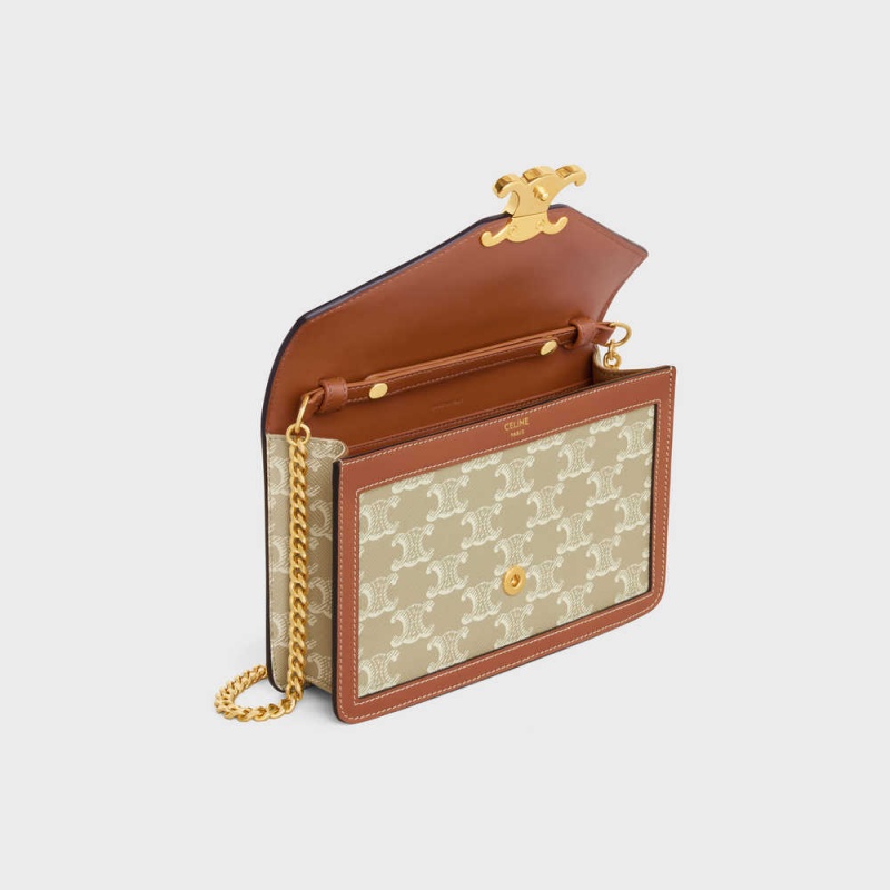 Celine Wallet On Chain Triomphe In Triomphe Kanvas And Calfskin Mini Çanta Bej Rengi | CL-593026