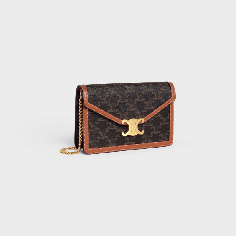 Celine Wallet On Chain Triomphe In Triomphe Kanvas And Calfskin Mini Çanta Kahverengi | CL-593025