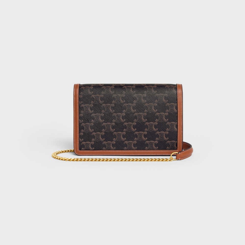 Celine Wallet On Chain Triomphe In Triomphe Kanvas And Calfskin Mini Çanta Kahverengi | CL-593025