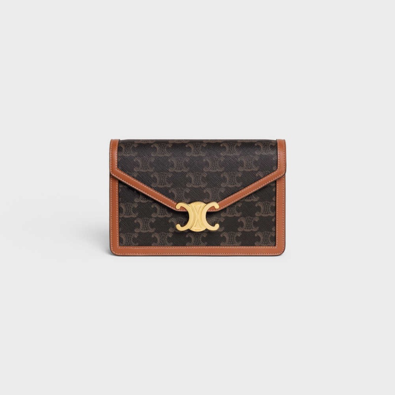 Celine Wallet On Chain Triomphe In Triomphe Kanvas And Calfskin Mini Çanta Kahverengi | CL-593025