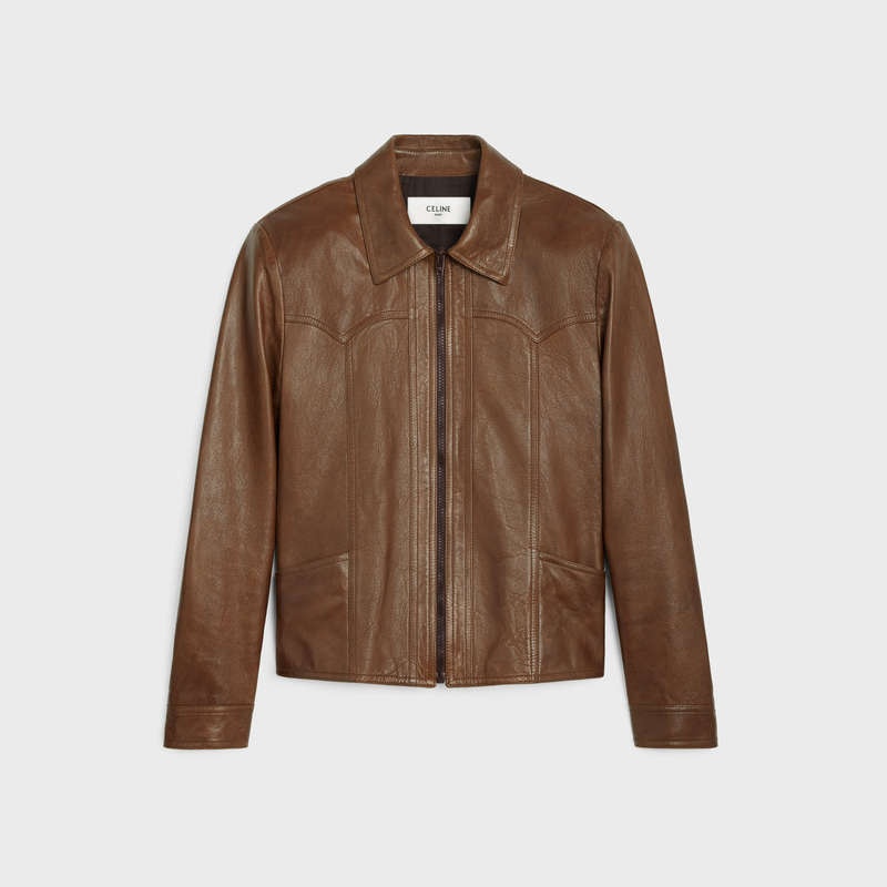 Celine Western Blouson In Wax-effect Leather Kahverengi | CL-591922